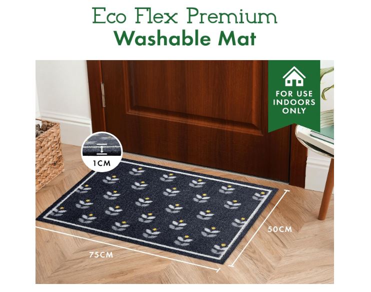 Eco Flex Premium Washable Mat - Floral Repeat Grey/Yellow