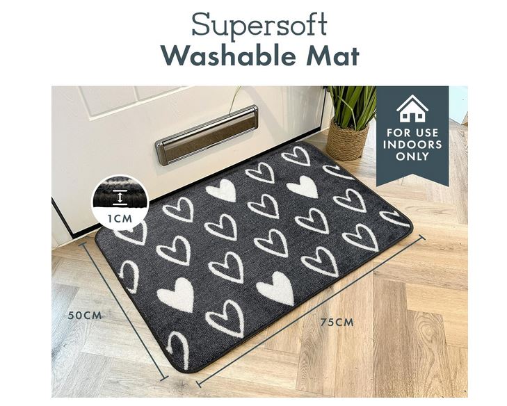 Supersoft Washable Mat - Grey Hearts