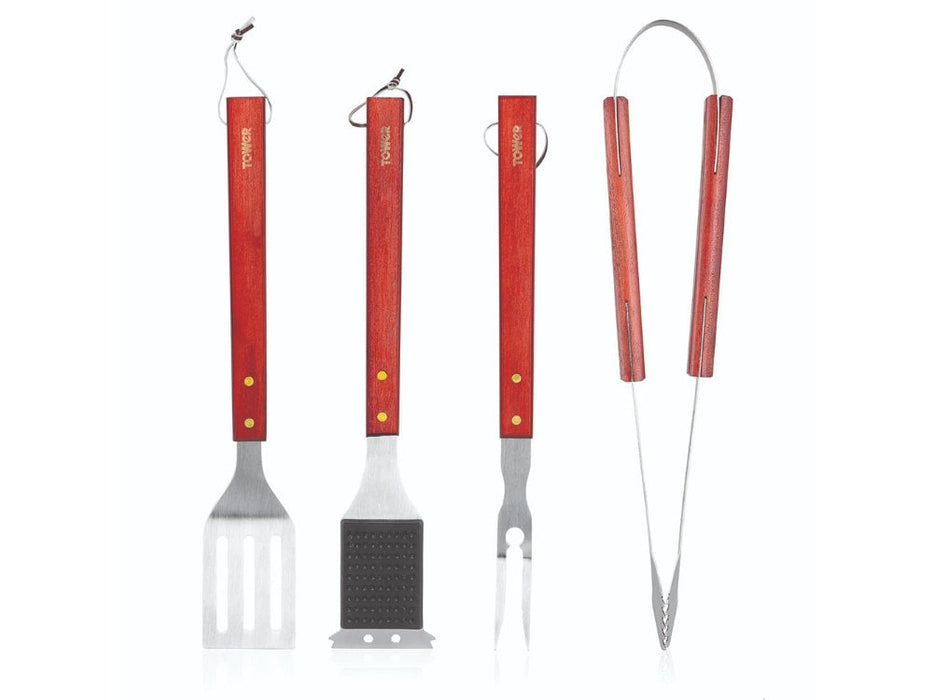 Four - Piece Stainless Steel and Wood BBQ Tool Set_BBQ Utensils & Accessories