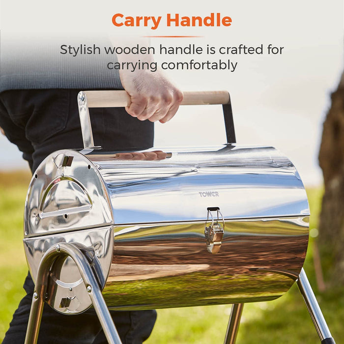 Stealth Stainless Steel Portable Charcoal BBQ with Wooden Carry Handle_Portable BBQs