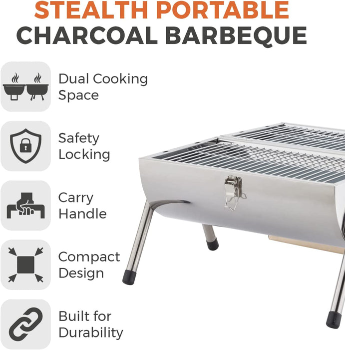 Stealth Stainless Steel Portable Charcoal BBQ with Wooden Carry Handle_Portable BBQs