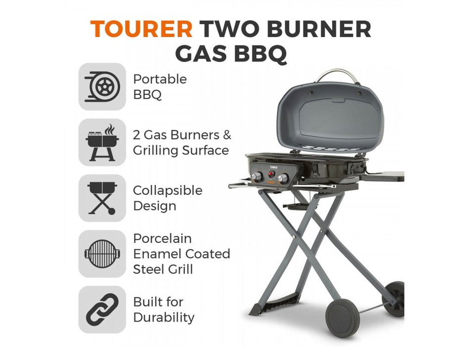 Tourer Two Burner Gas BBQ, Portable Design, Porcelain Enamel Coated Steel Wire Grill_Portable BBQs